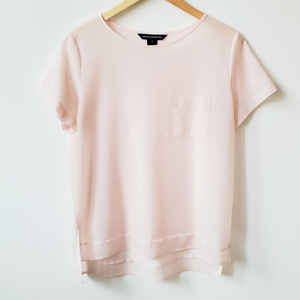 French Connection Short Sleeve Poly Pocket Top, Lt. Pink, S